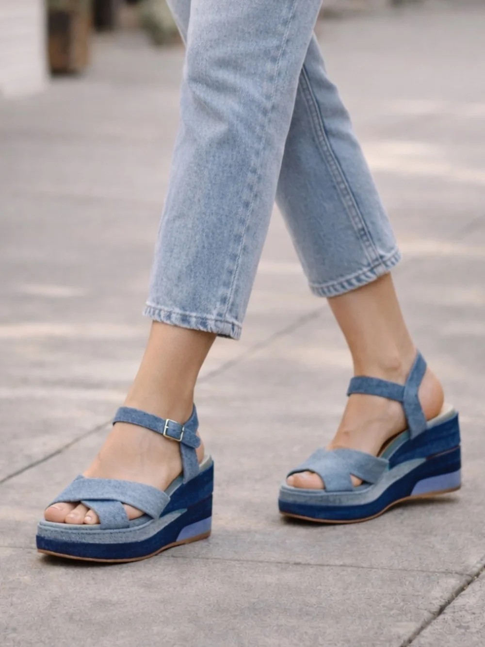 AEROSOLES Denim Blue Crossband Wedge Sandals